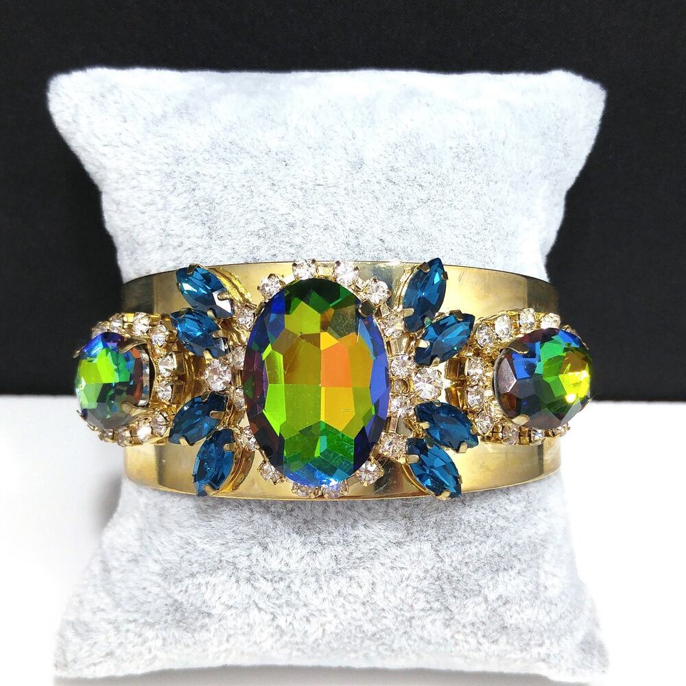 Vintage Watermelon Rhinestone Blue Crystal Brass Cuff Bracelet